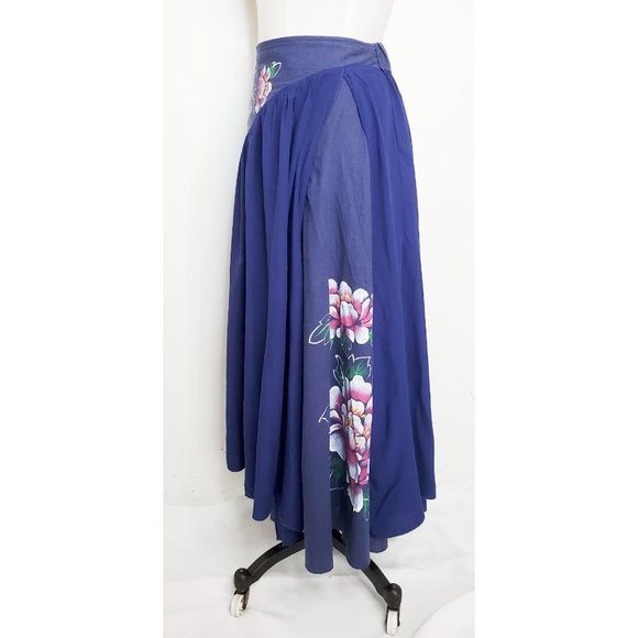 Vintage Womens Handmade Handpainted Floral Layered Flared Skirt Blue XS/S - Picture 7 of 13
